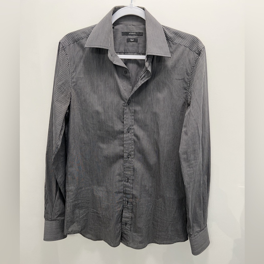 GUCCI | Charcoal Grey Pinstripe Fitted Button Up Shirt
